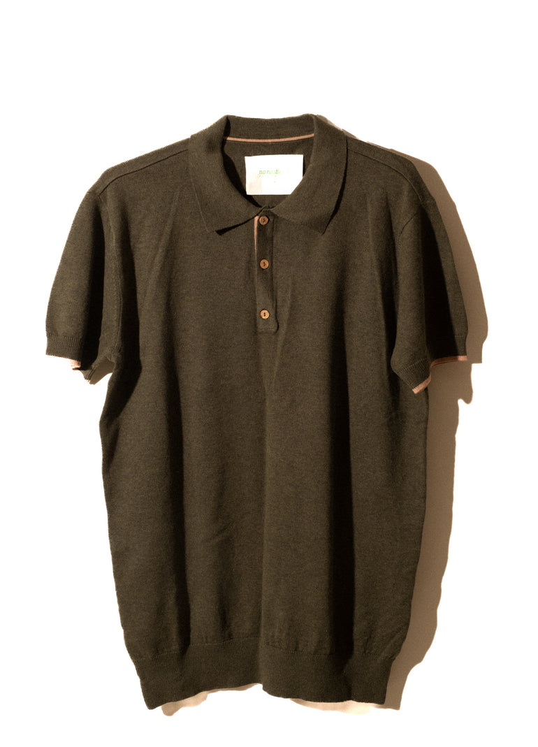 MANIS Knit Long Sleeves Striped Organic Cotton Polo Green