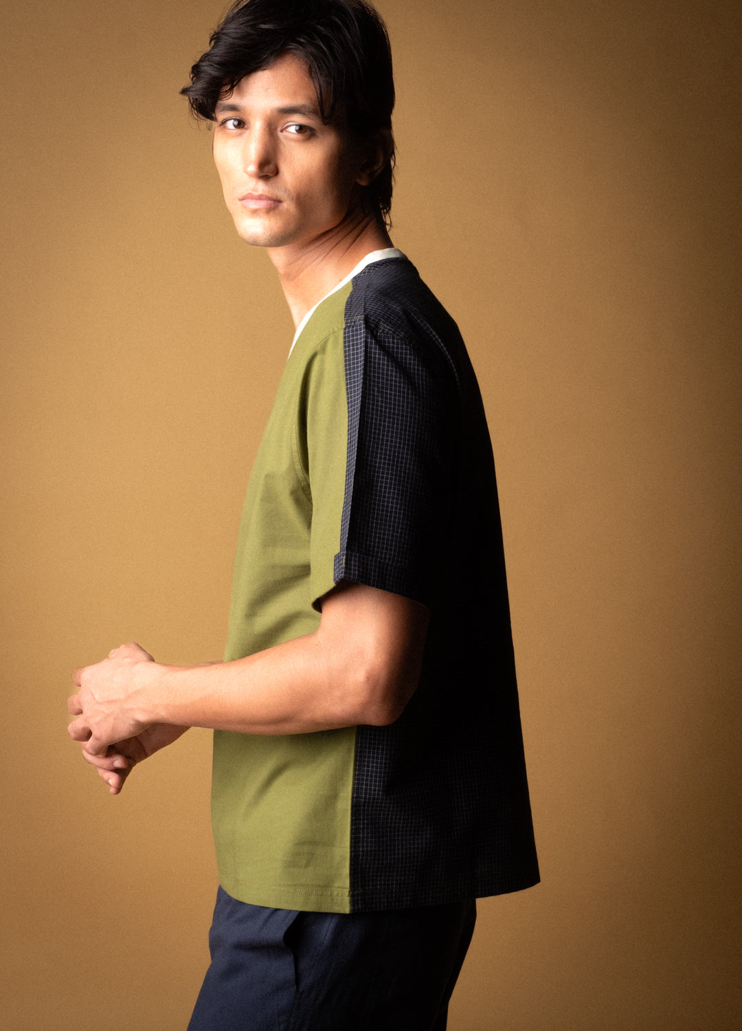 Olive Split Woven Tee