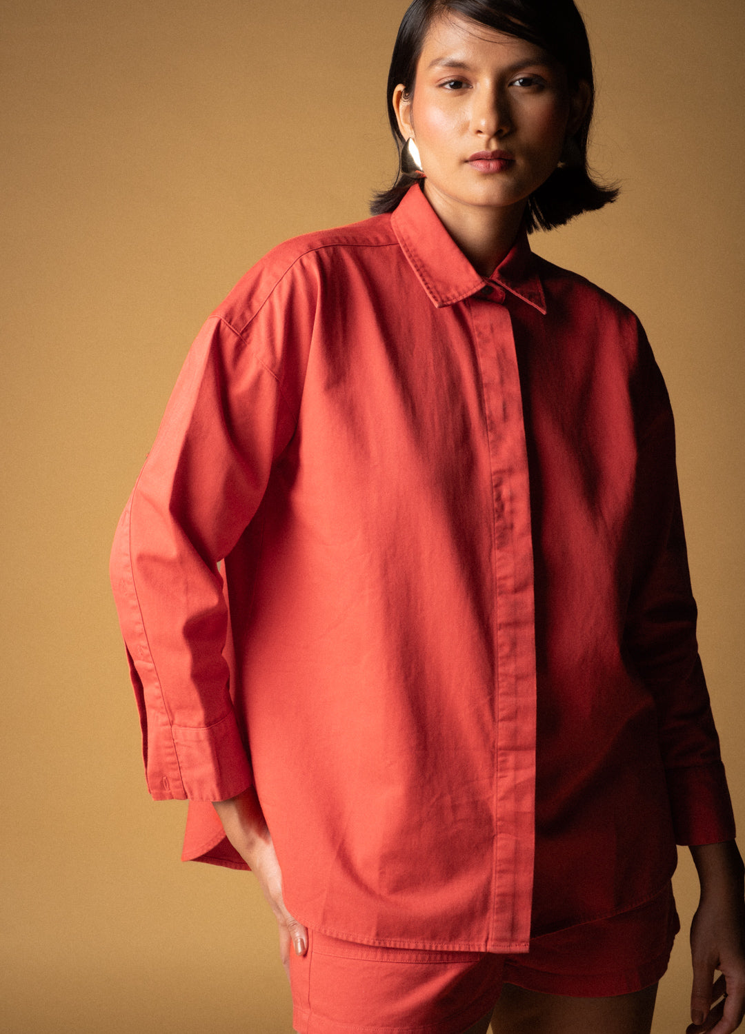 Poppy Red Organic Cotton Cape Shirt For Women Online