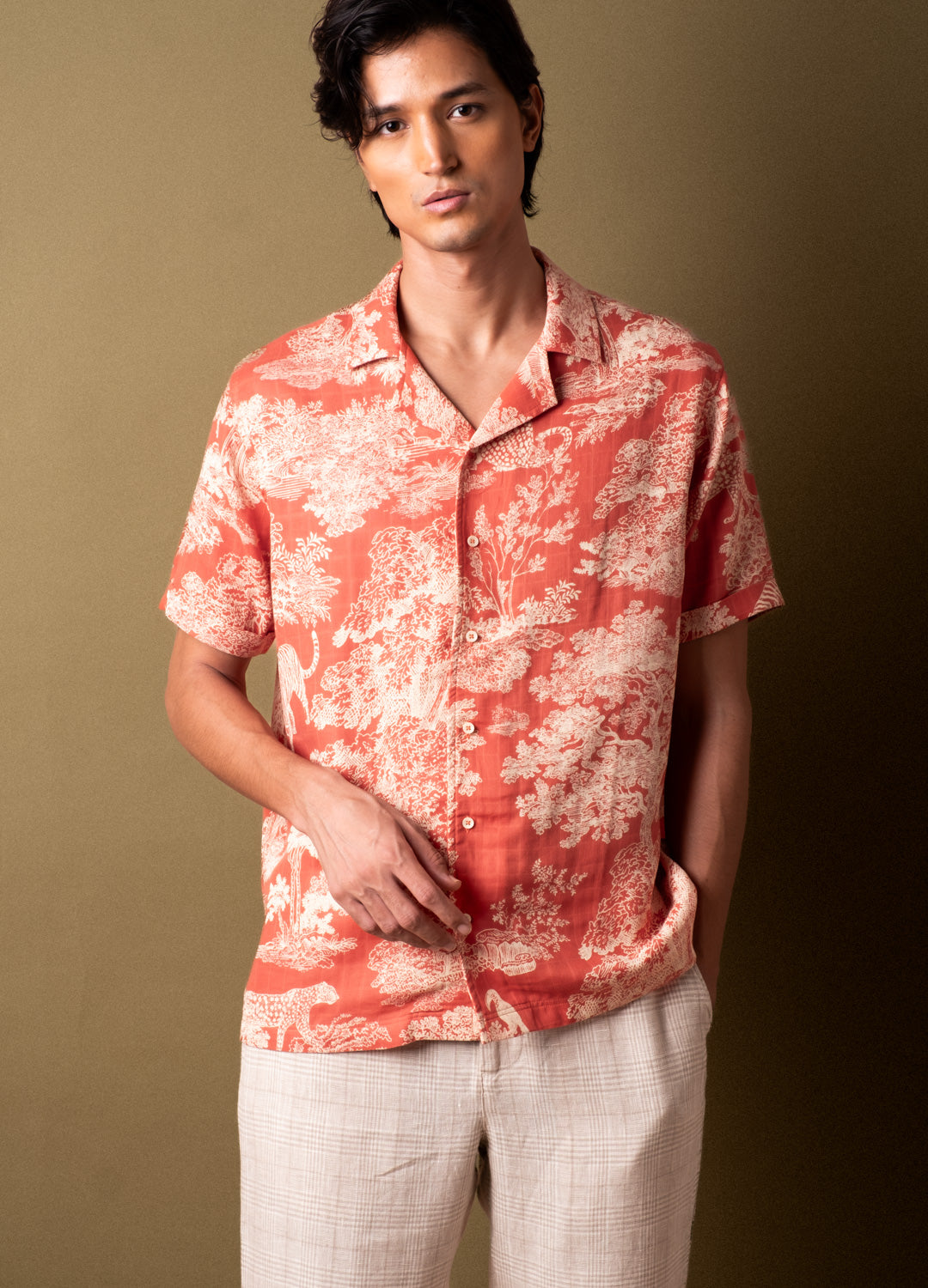 Rouge Red Toile Organic Cotton Cuban Shirt For Men Online