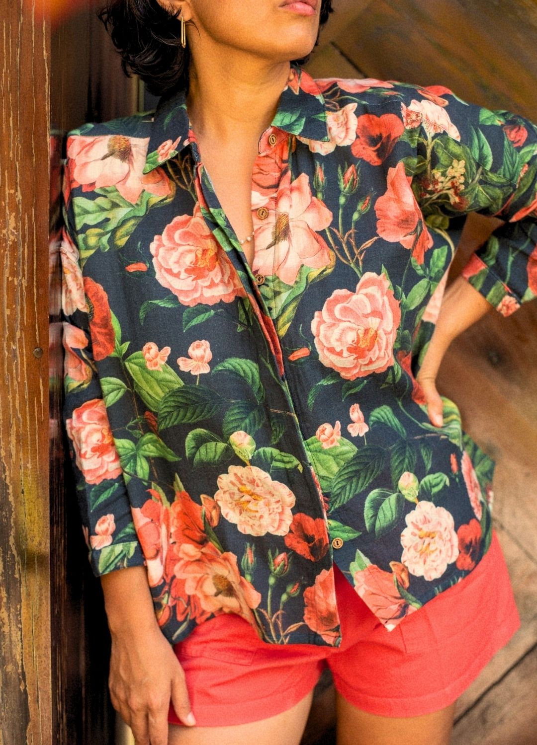 Scarlet Side-Slit Shirt, organic cotton floral shirt, side slit detail, sustainable fashion