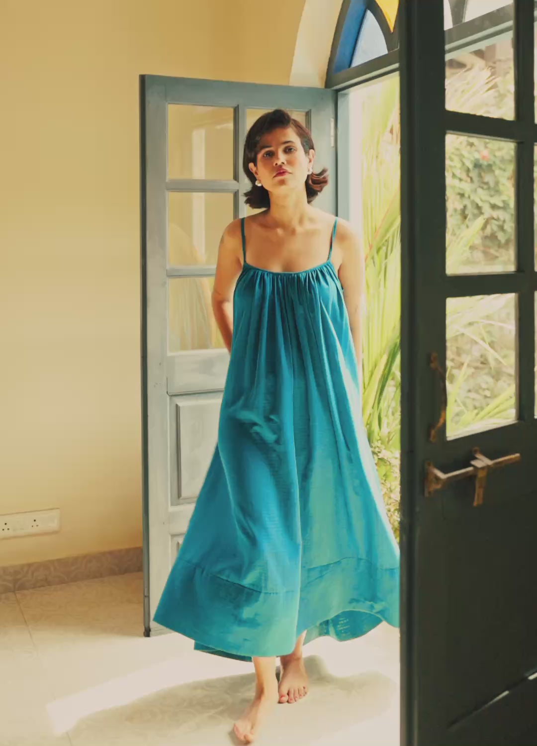 Sea Blue Gathered Organic Cotton Maxi For Women Online