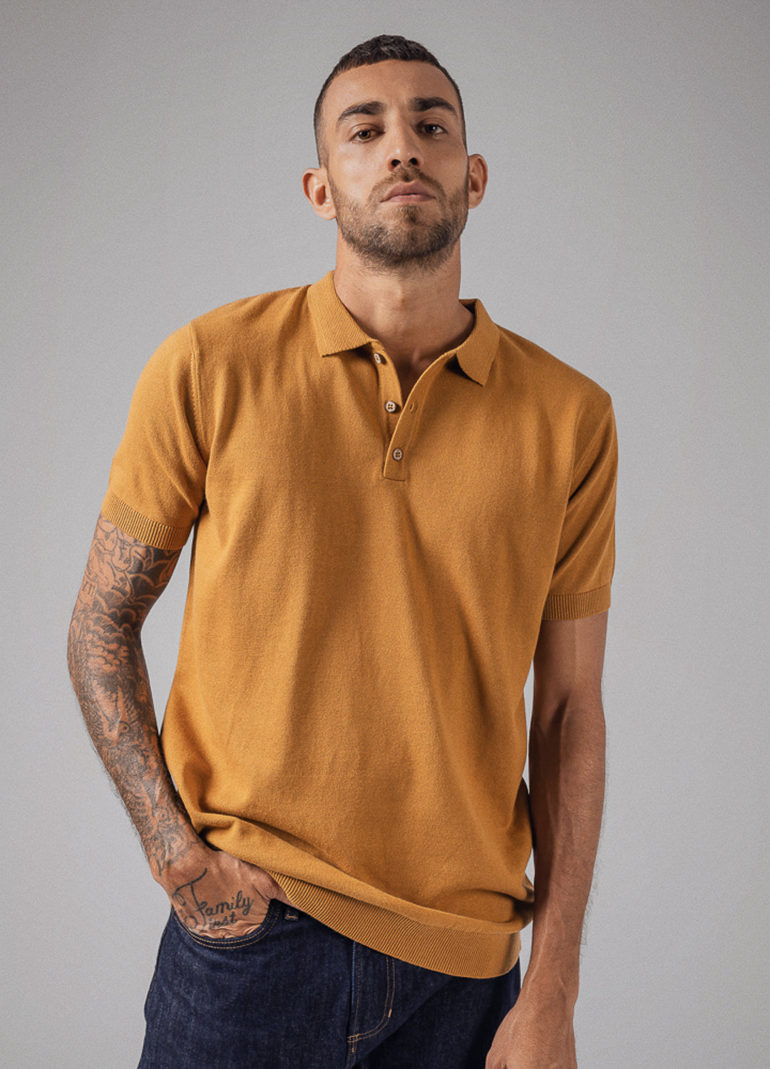 Almond Orange Knitted Sustainable Organic Cotton Polo Neck T Shirt For Men Online
