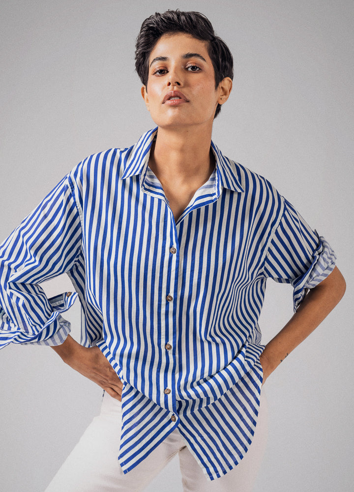 Cobalt Anywhere Blue Stripe Cotton Summer Shirt For Women Online