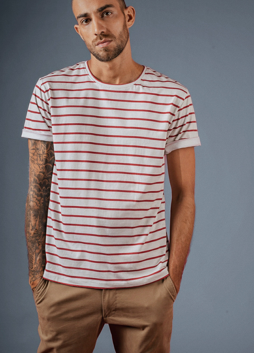 Ruby Red Stripe Sustainable Cotton White Classic Tees For Men Online