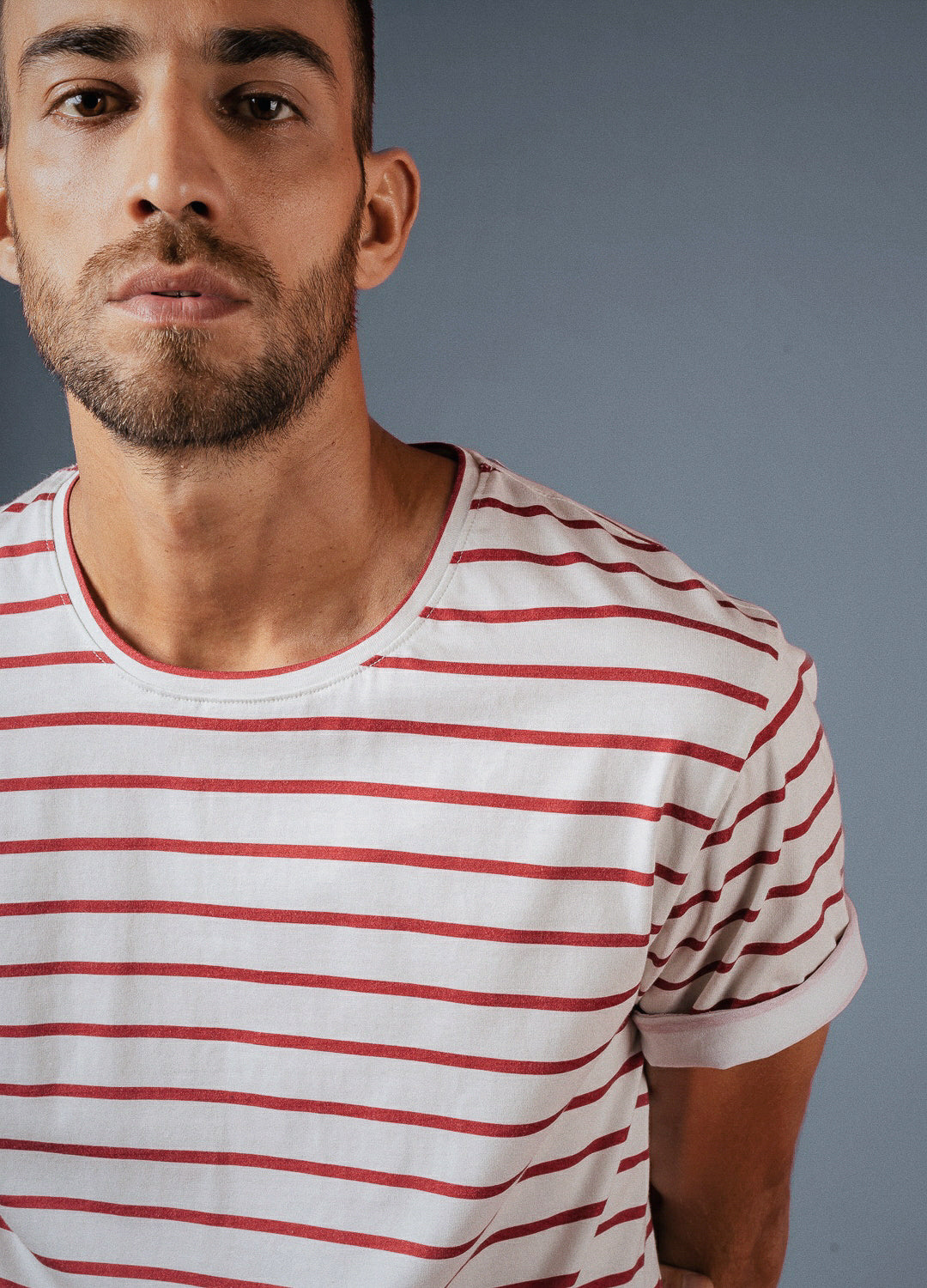 Ruby Red Stripe Sustainable Cotton White Classic Tees For Men Online