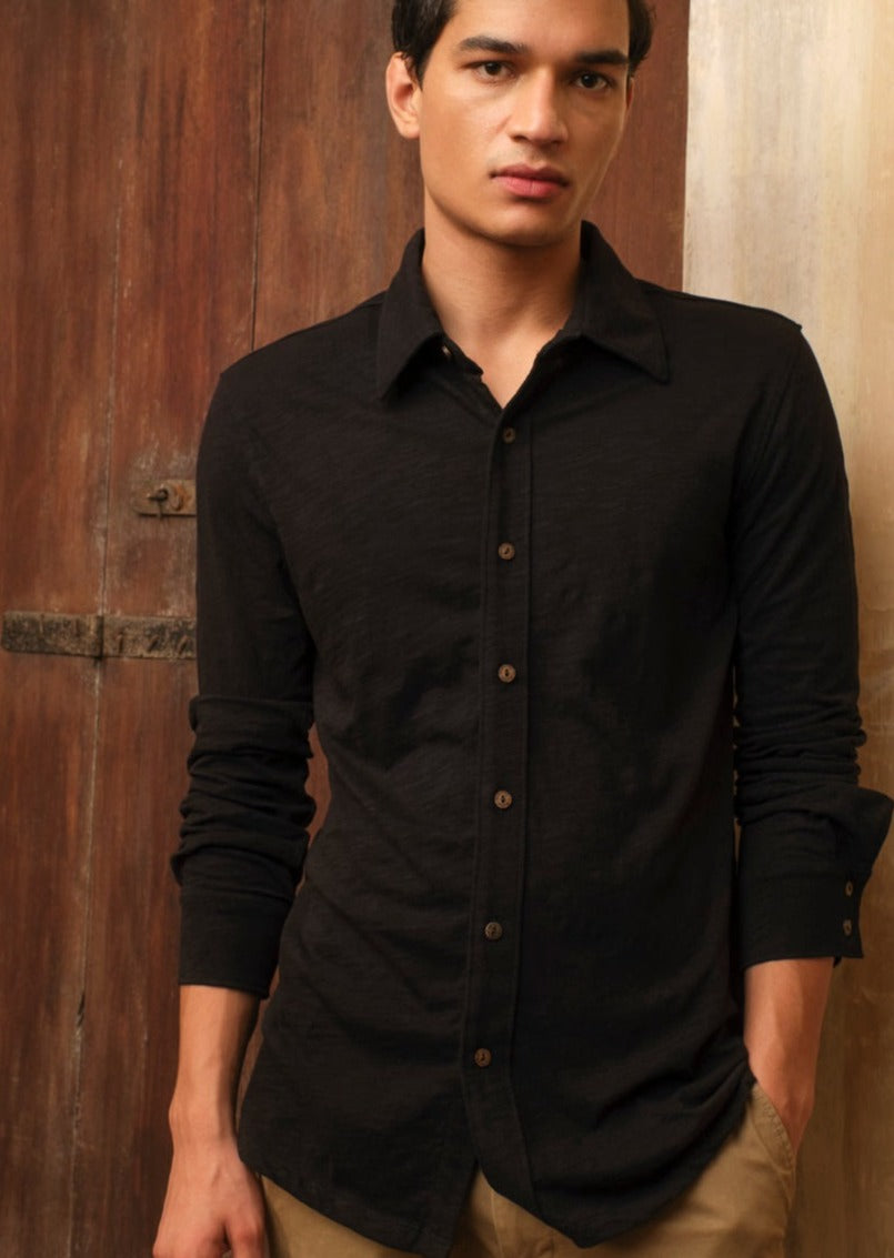 Black Organic Cotton Full Sleeve Knit Shirt For Men Online