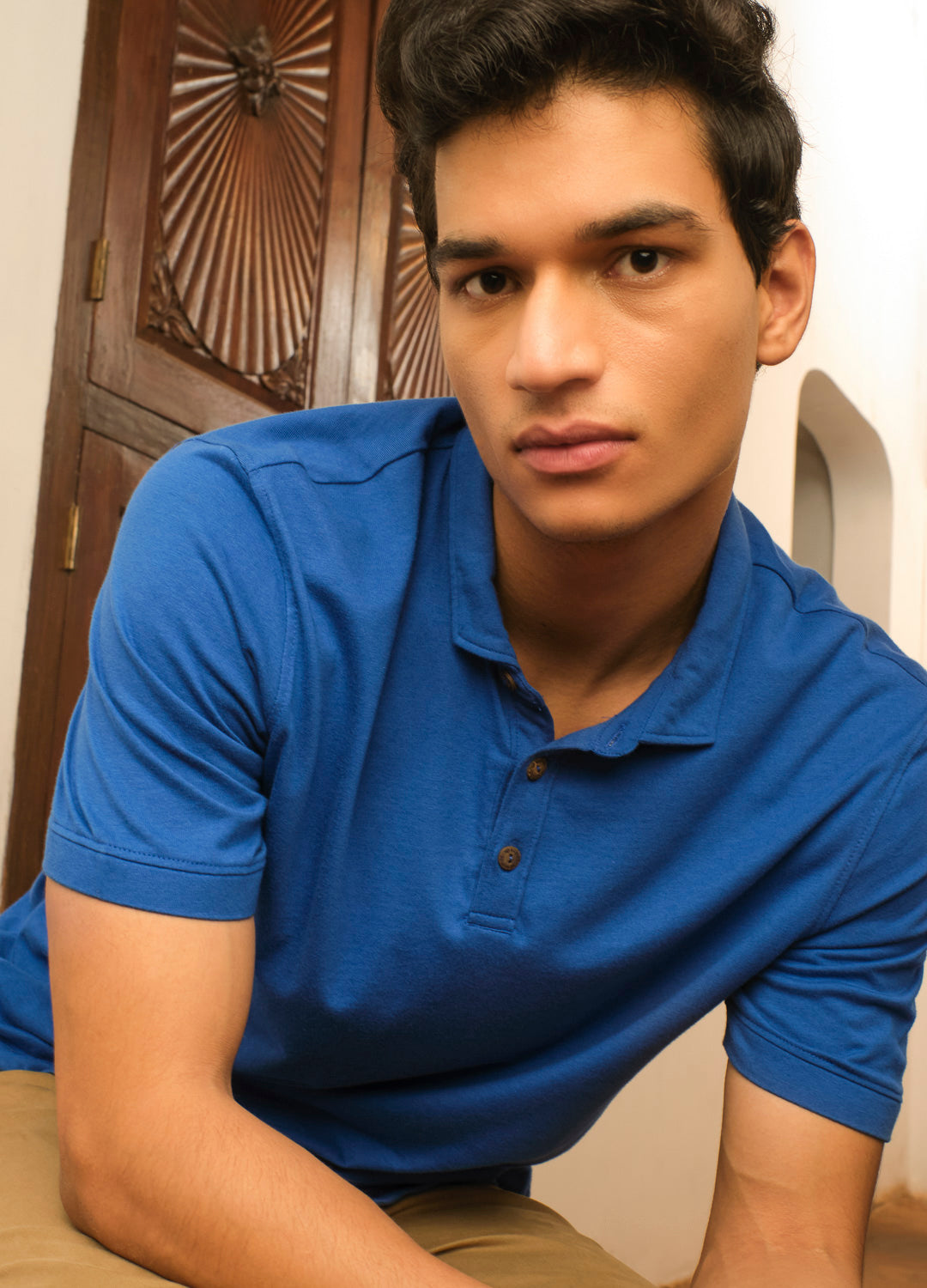  Cobalt Blue Sustainable Cotton Polo Neck T Shirt For Men Online