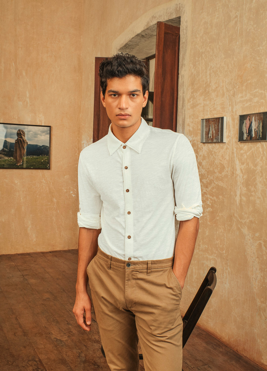 Coconut Milk White Organic Cotton Full Sleeve Knit Shirt For Men Online
