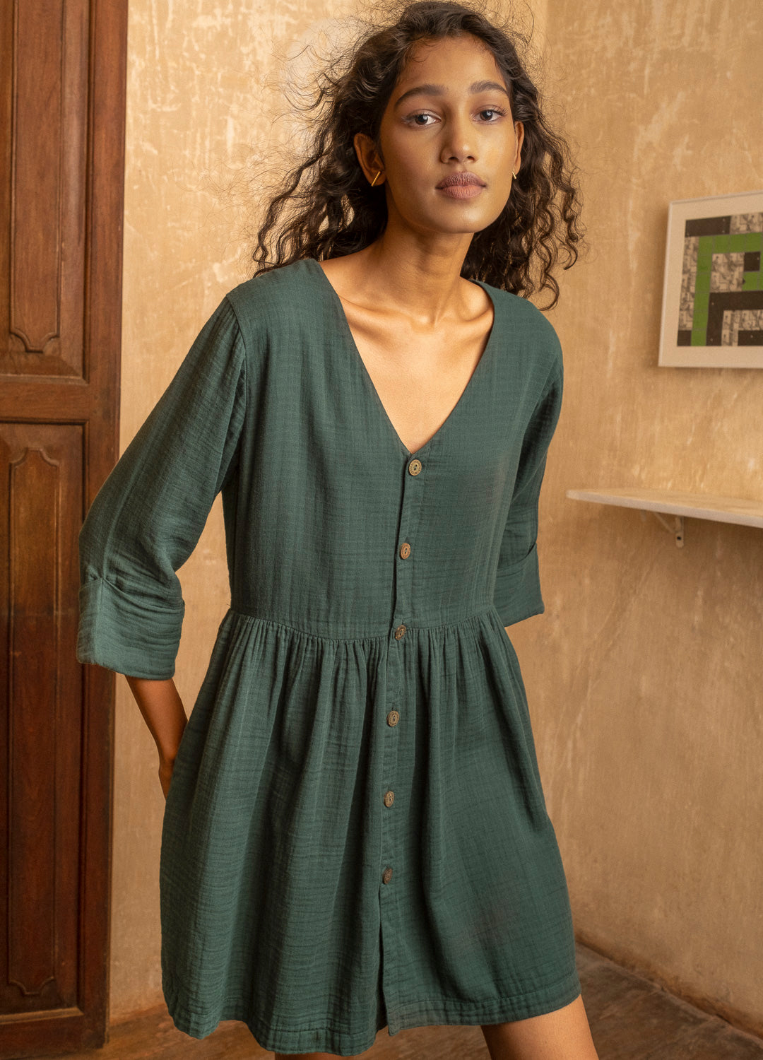 Forest Drop Waist Green Organic Cotton Mini Dress For Women 