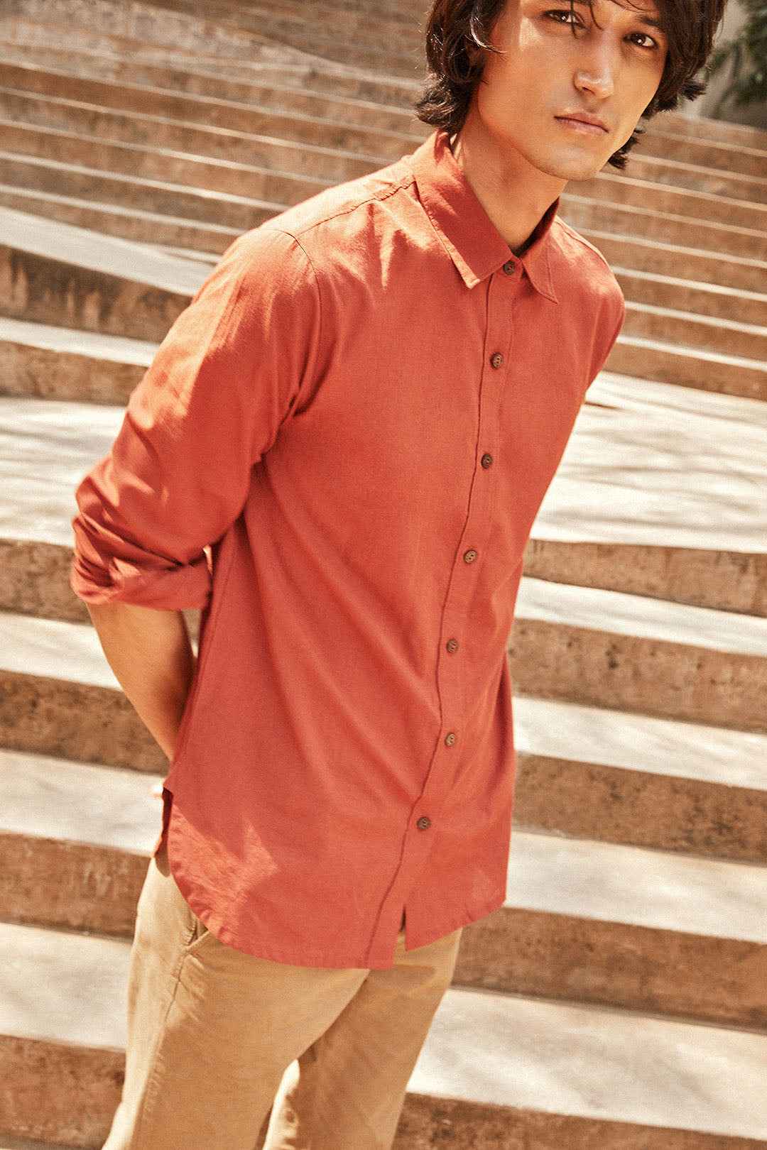 Ginger Orange Organic Cotton Full Sleeve Everyday Shirt For Men Online