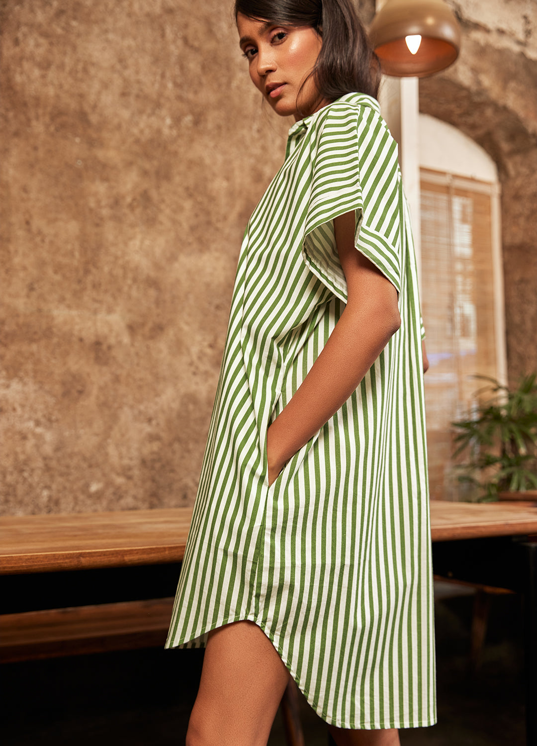 Olive Stripe Shirt Dress-No Nasties - Organic Cotton Clothing