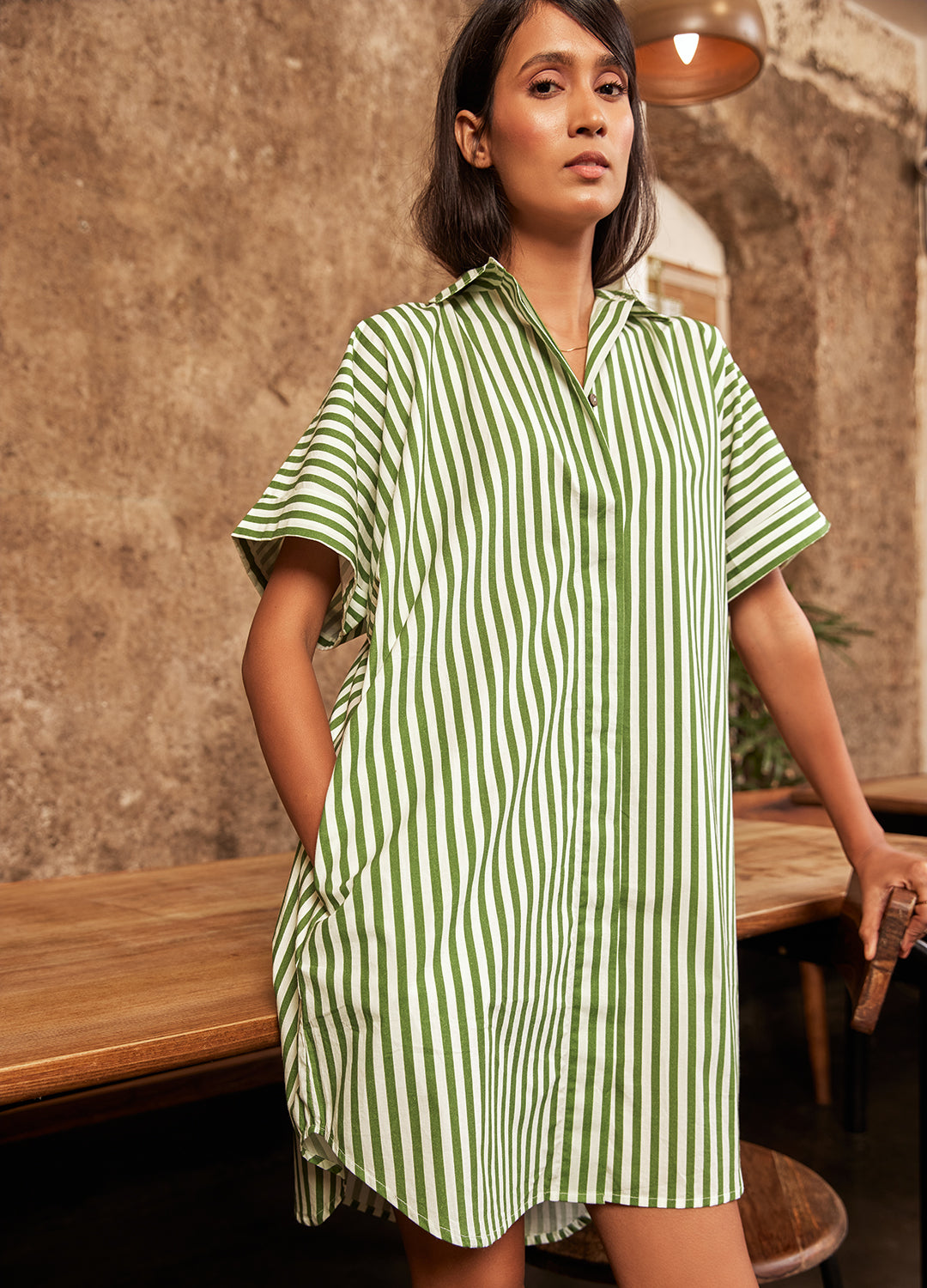 Olive Stripe Organic Cotton Shirt Dress For Women Online